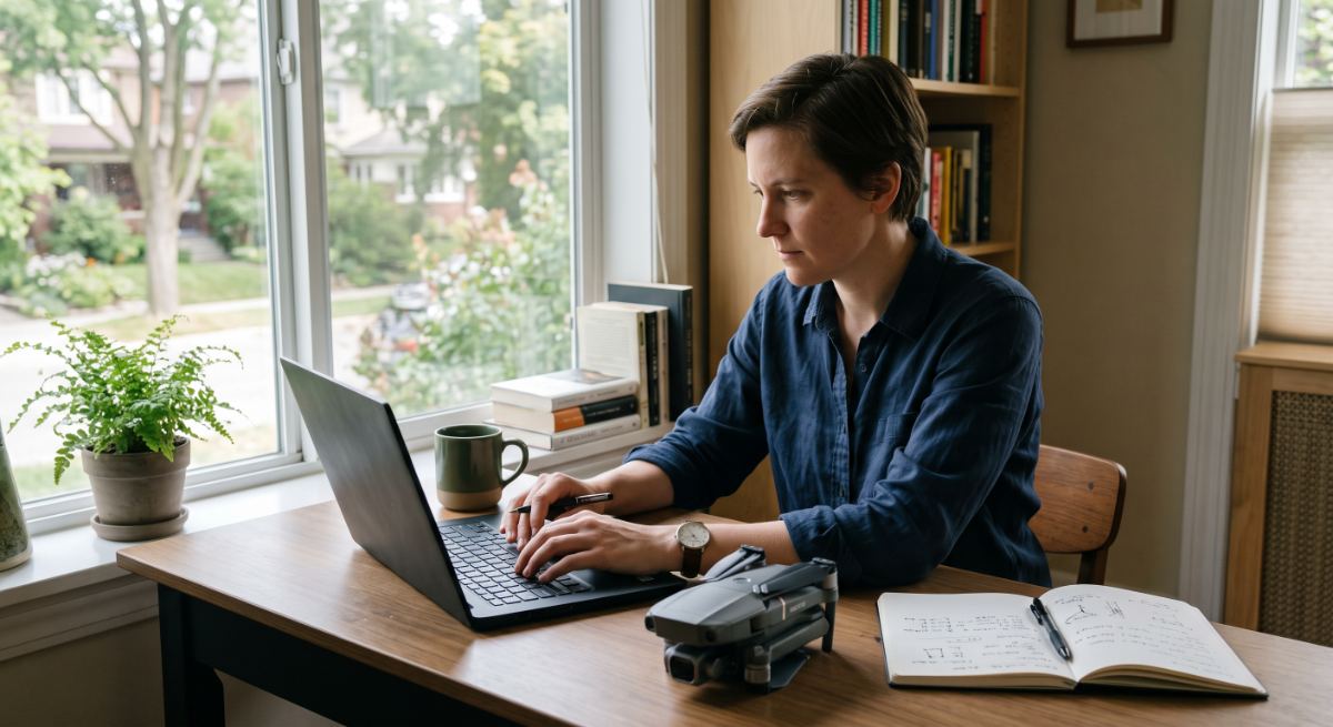 Person lernt am Laptop, daneben eine zusammengelegte Kameradrohne